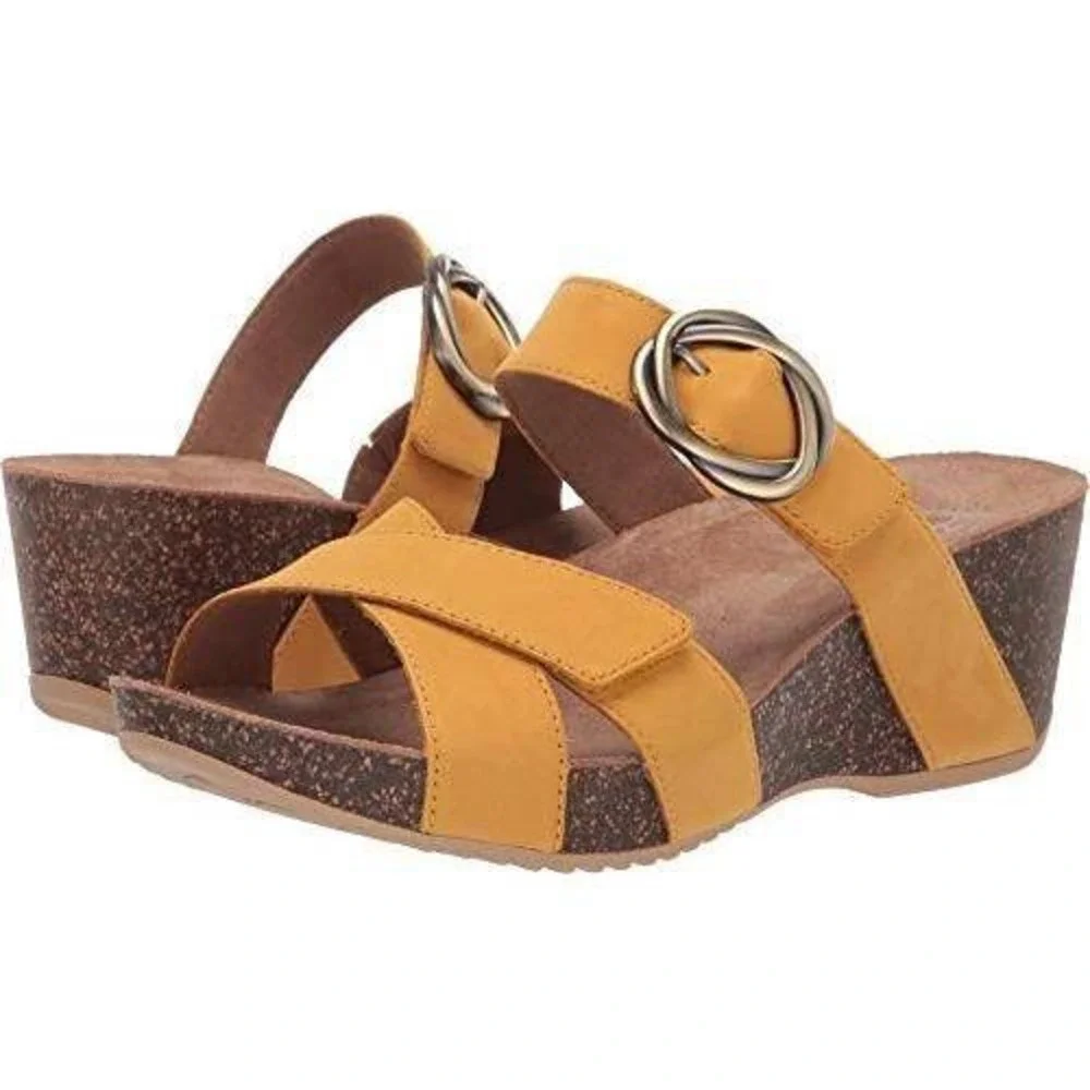 Dansko‎ Susie Mango Yellow Nubuck Leather Wedge Sandals Womens Size 39 US 8.5-9